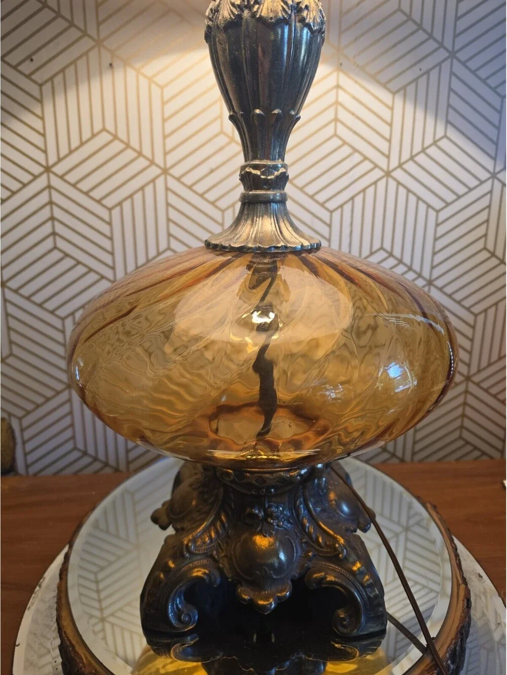 Vintage Midcentury Hollywood Regency Amber Glass Optic Swirl Globe Table Lamp